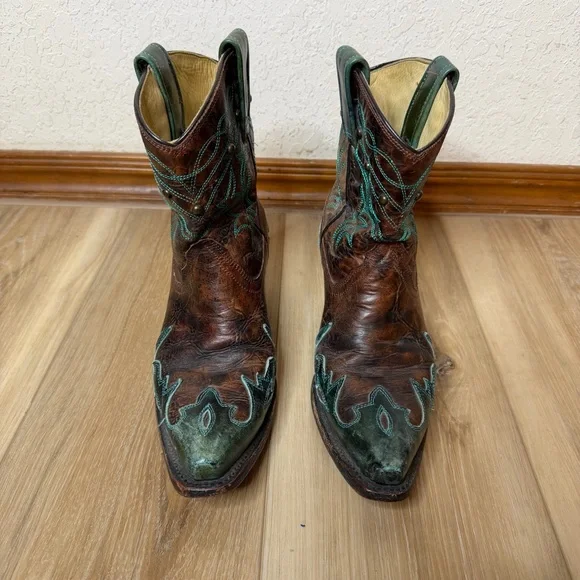Corral Brown and Turquoise Embellished & Embroidered Snip Toe Western Boots - Picture 2 of 11